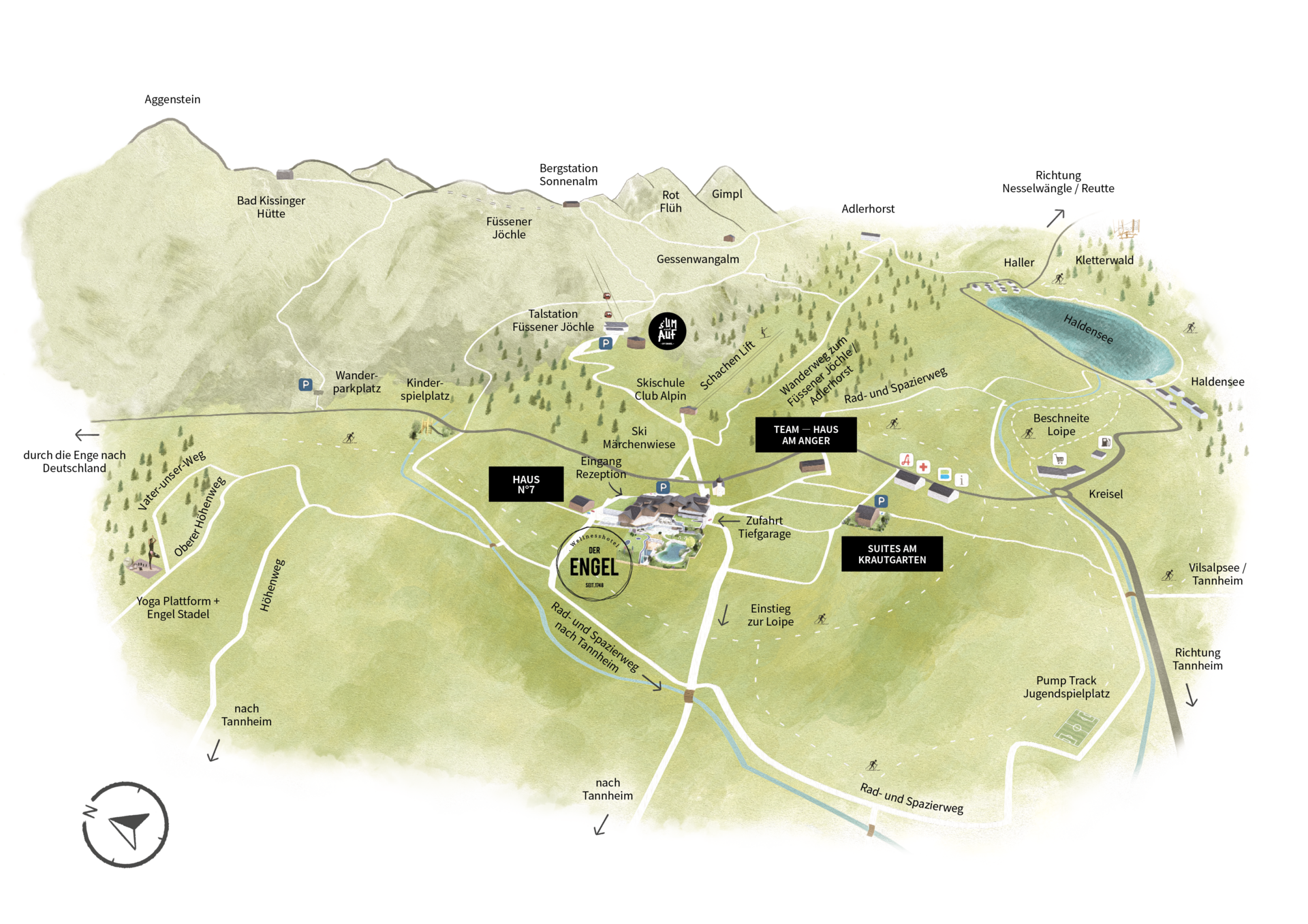 Lageplan rund um das Hotel Der Engel in Tirol mit Engetal, Vilstal und Aktivitäten im Tannheimer Tal