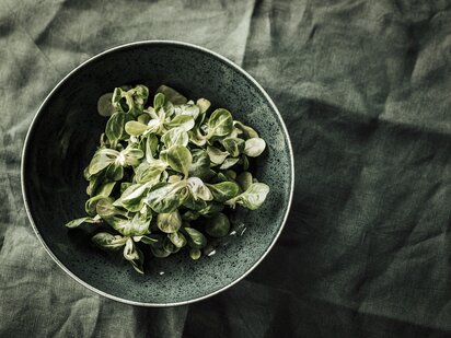 Grüne Ton Schüssel mit Vogerlsalat auf grüner Tischdecke, Organic | Der Engel in Tirol