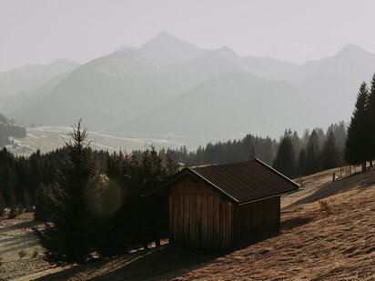 Frühling in den Bergen im Tannheimer Tal mit Holzhütte und schneebedeckten Gipfeln | Der Engel in Tirol