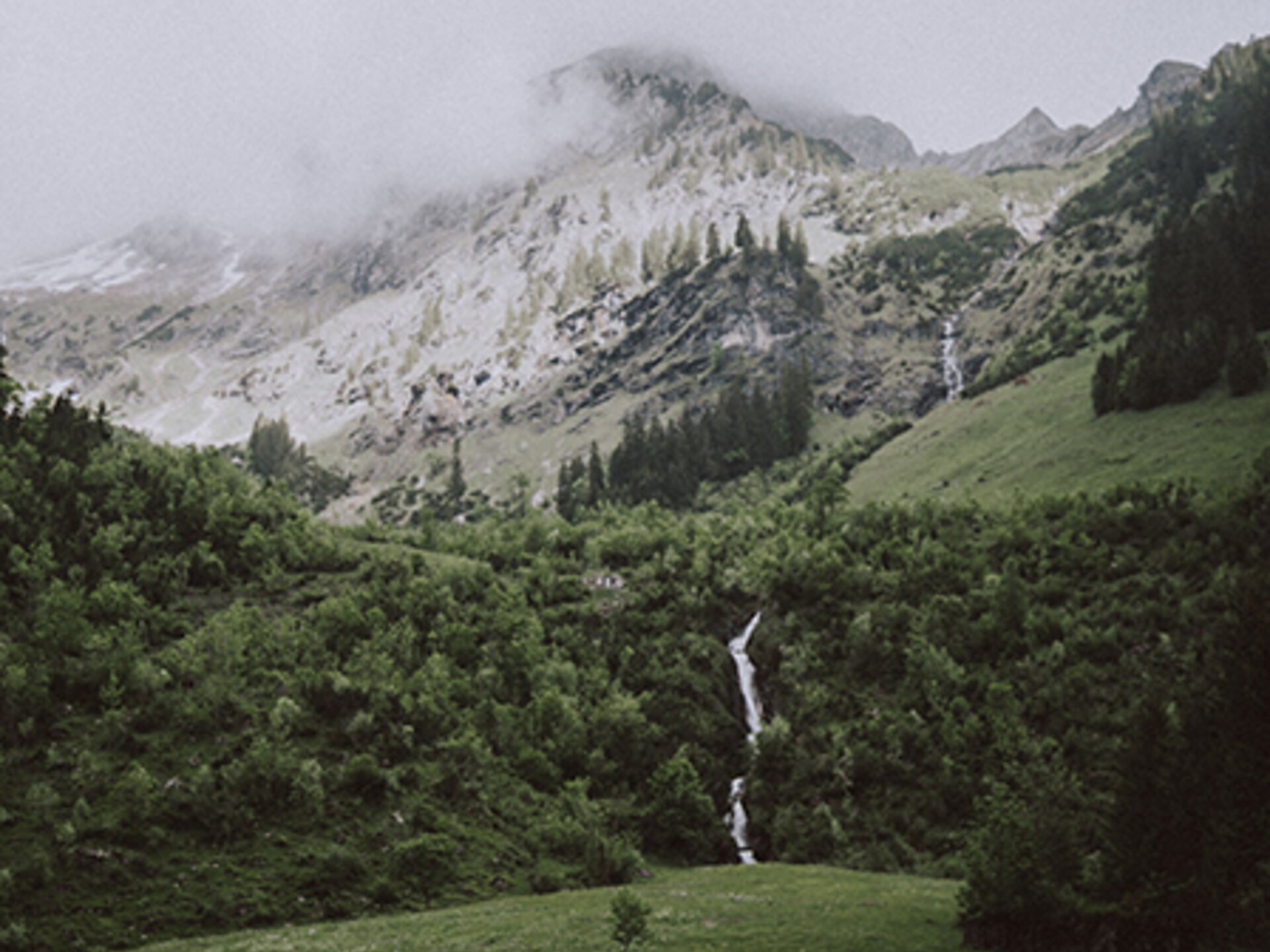Kleiner Wasserfall zwischen saftig grünen Wiesen mit Nebel | Der Engel in Tirol