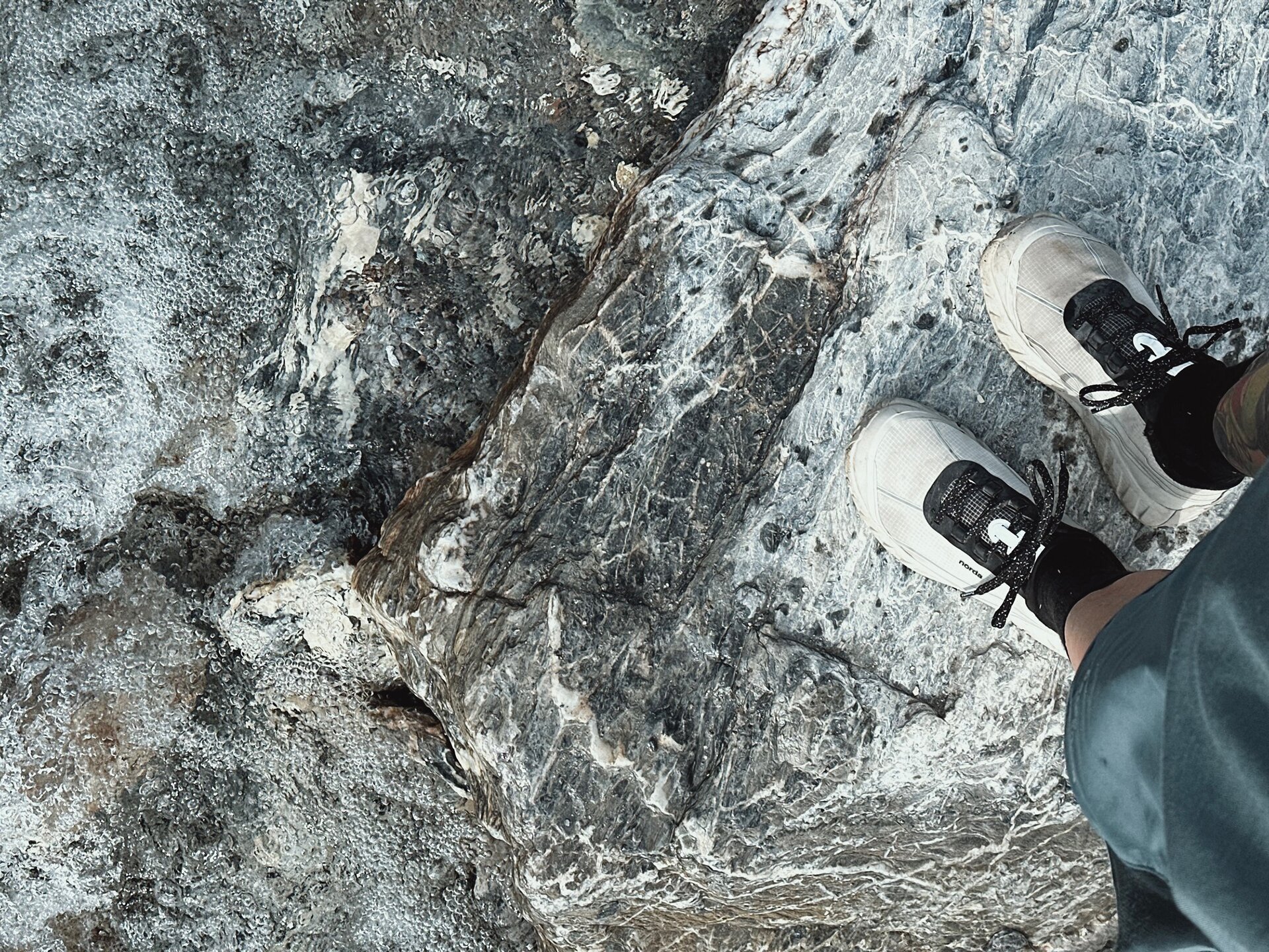 Person in Vogelperspektive steht mit Trail Running Schuhen im Sommer auf einem Felsen