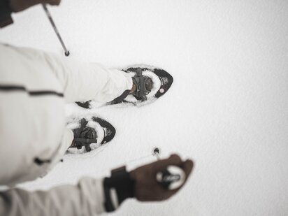 Vogelperspektive auf Person die mit Schneeschuhen im frischen Pulverschnee wandert